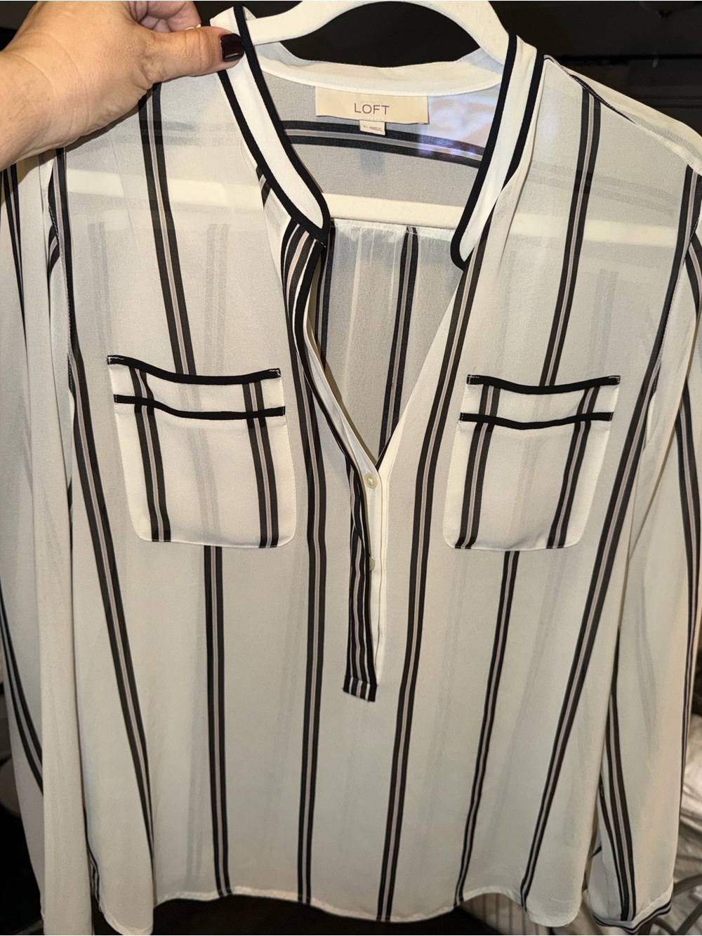 LOFT Sheer White w/ Black&Mauve Striped Long Sleeve V-Neck Blouse.